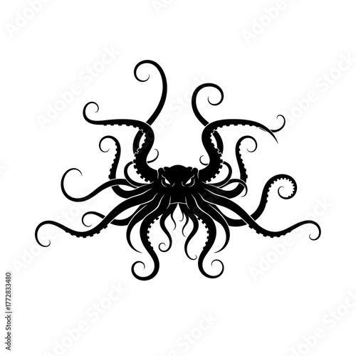 Black octopus illustration with many tentacles and eyes.
