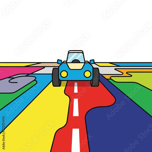 Colorful car driving on a vibrant road towards the viewer.