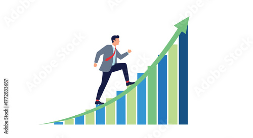 Determined businessman climbs upward on a rising bar graph, symbolizing career growth and financial success in a modern business environment