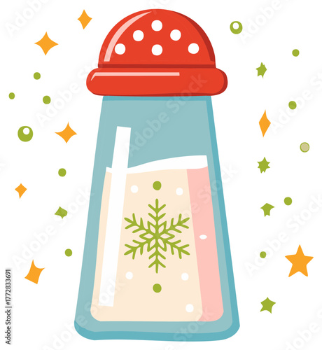 Cartoon style salt shaker illustration with red lid and snowflake design for winter celebrations