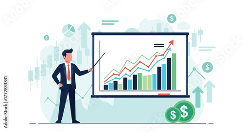 Dynamic businessman presents upward trending financial growth charts, symbolizing success and investment in a modern business environment