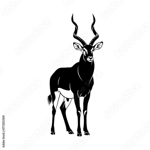 Elegant Black Antelope Silhouette Standing Proudly Against White Background.