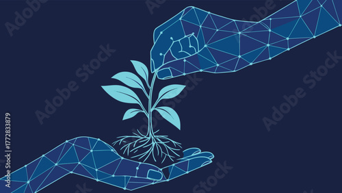 Plant growth digital hands concept innovation technology development future vector Abstract