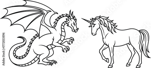 Dragon unicorn mythical creature fantasy fairytale legend magic drawing art