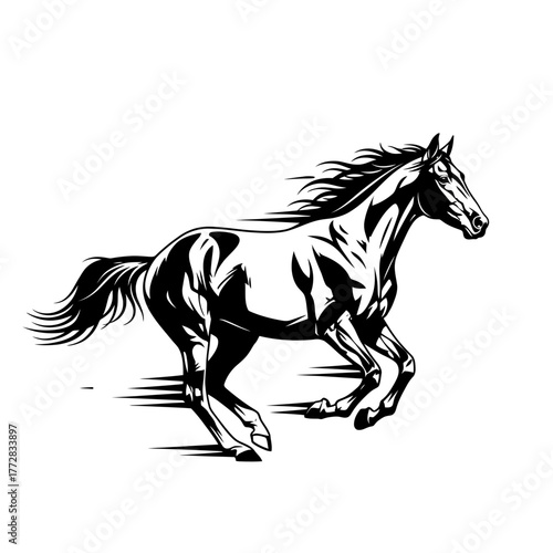 Elegant black horse running fast on white background.