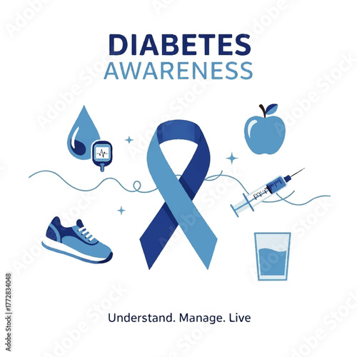 Diabetes awareness illustration featuring a ribbon, syringe, apple, water, shoe, blood drop, and glucose meter.
