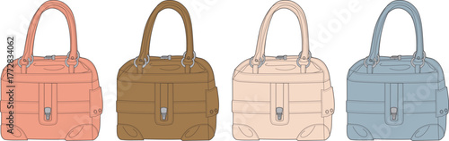 Four stylish handbags in different colors arranged in a row against a white background