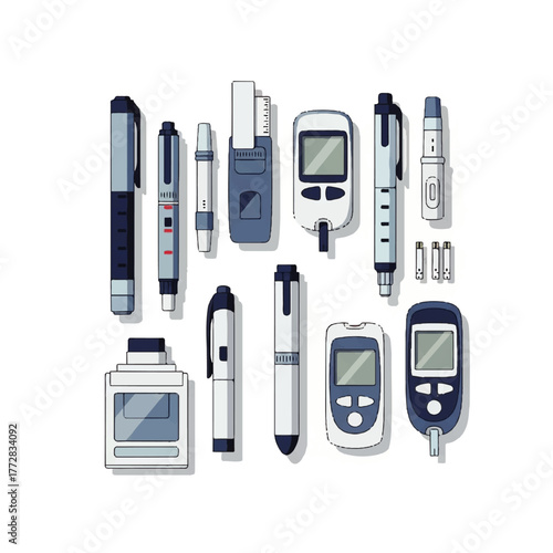 An arrangement of various diabetes testing and insulin delivery devices, including meters, pens, and lancets, displayed on a white background.
