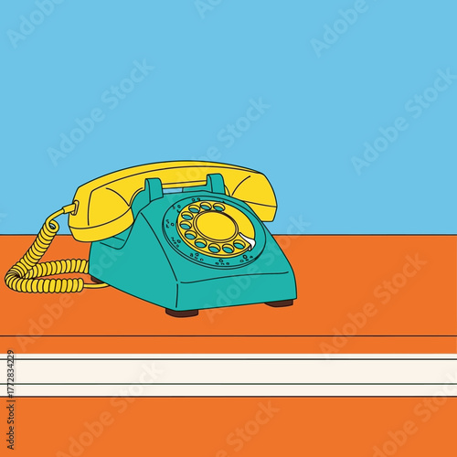Retro telephone on orange table with blue background.