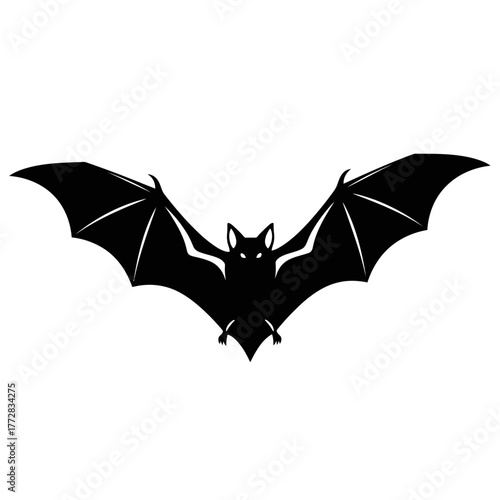 Silhouette of a bat with outstretched wings against white background.