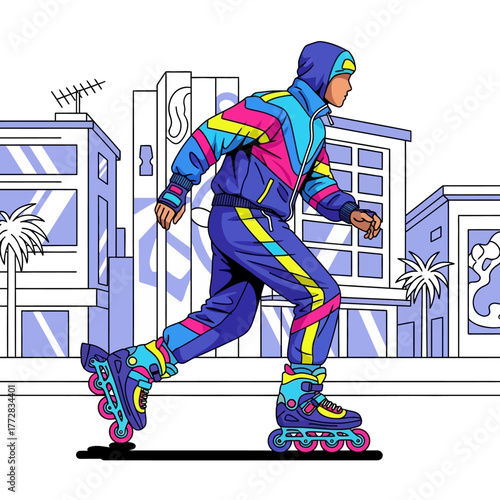 Stylish person rollerblading in vibrant retro outfit in city.