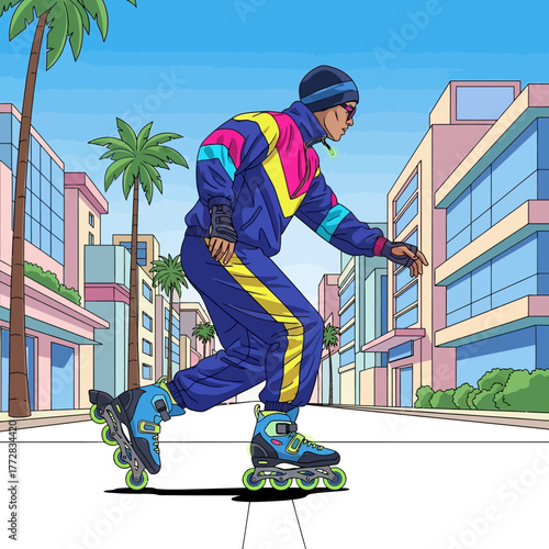 Stylish Roller Skater Gliding Through City Streets with Focus.