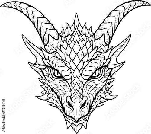 Dragon head horns scales fantasy mythical creature drawing line art beast