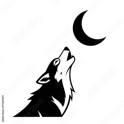 Wolf howling at the moon in the night sky.