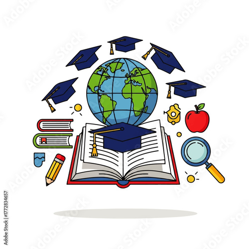 An illustration depicting education, knowledge, and global learning concepts.