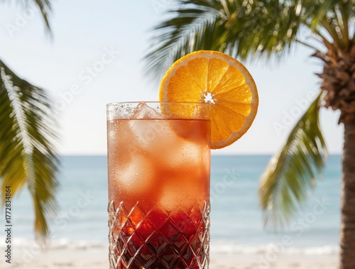 Refreshing tropical cocktail with orange slice on a beach