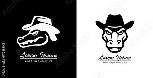 Logo design of a crocodile head wearing a cowboy hat with side and front views