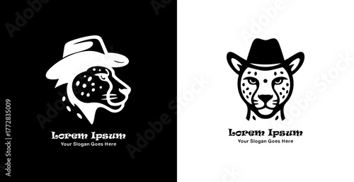 Leopard head logo design wearing a cowboy hat with side and front views