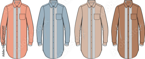 Detailed flat illustrations of long-sleeved shirts, featuring vertical stripe patterns and various color options, suitable for apparel design and fashion development