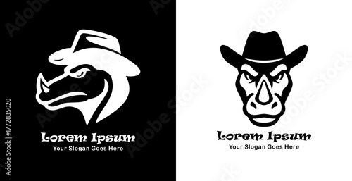 Rhino head logo design wearing a cowboy hat with side and front views