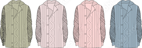 A set of men's cable knit cardigan sweaters with a shawl collar, presented in four different color options. This is a technical fashion flat sketch vector illustration