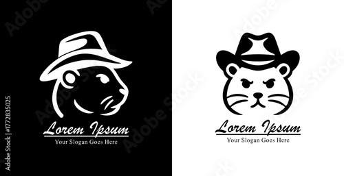 Hamster head logo design wearing a cowboy hat with side and front views