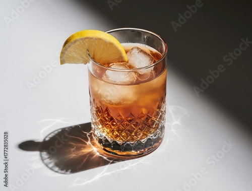Refreshing iced cocktail with lemon and ice cubes