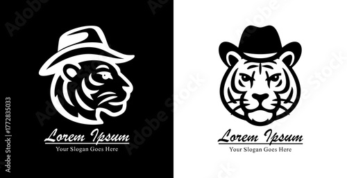 Tiger head logo design wearing a cowboy hat with side and front views