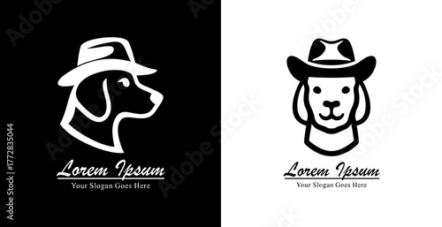 Logo design of a dog head wearing a cowboy hat with side and front views