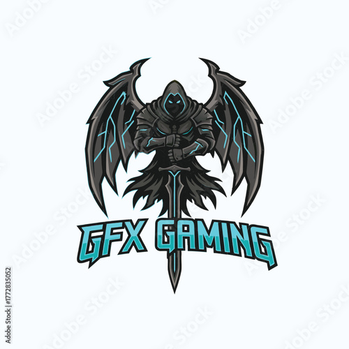 Dark Warrior Gaming Logo Mascot Emblem with Sword and Wings Vector
