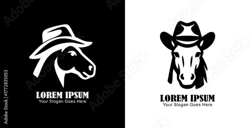 Horse head logo design wearing a cowboy hat with side and front views