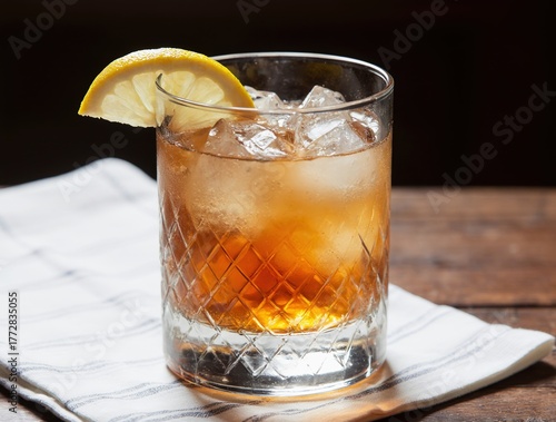 Refreshing iced cocktail with lemon garnish on a wooden surface