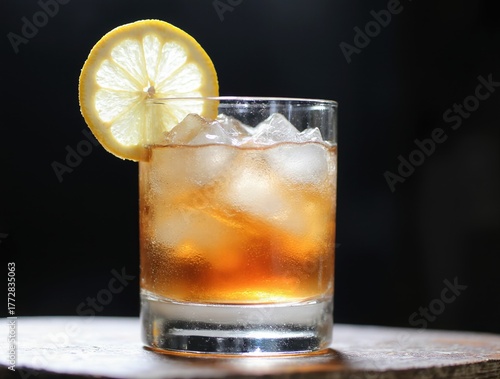 Refreshing amber cocktail with lemon slice and ice