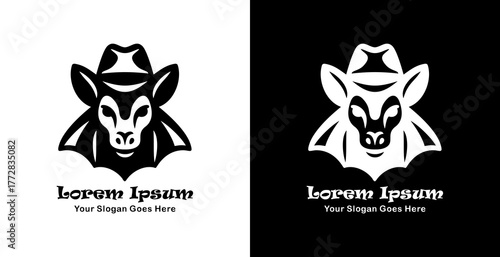 Logo design of a bat head wearing a cowboy hat with front view