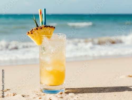 Refreshing pineapple cocktail on a sandy beach with ocean waves