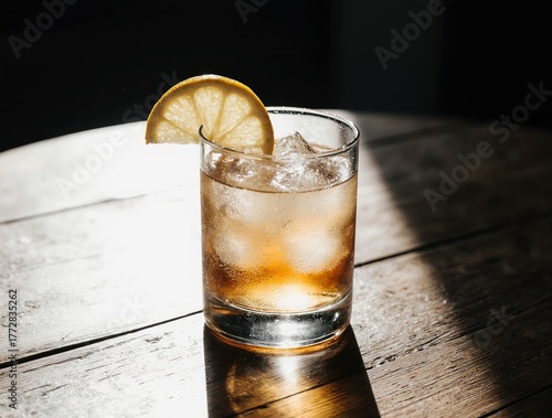 Refreshing cocktail with lemon slice on wooden table