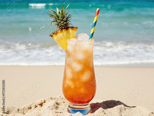 Tropical cocktail on sandy beach with ocean waves in background
