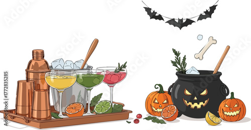 Halloween Cocktail Bar with Spooky Cauldron and Pumpkins.