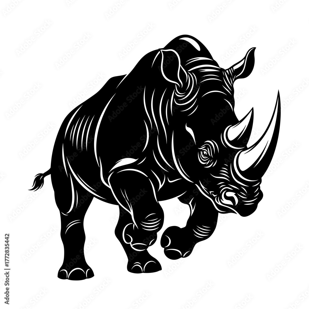 Fototapeta premium Black rhinoceros illustration running forward on white background.