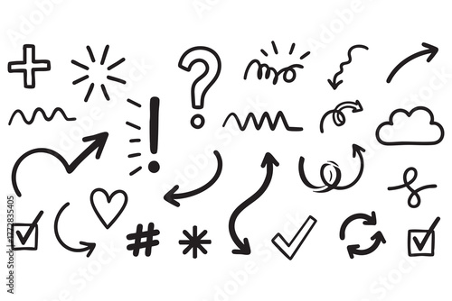 Vector art of collection of handdrawn doodle icons and symbols, including arrows, checkmarks, hearts, question marks, exclamation points, and clouds