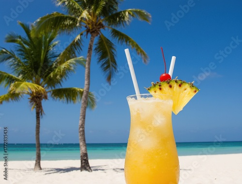 Tropical cocktail on a white sand beach with palm trees