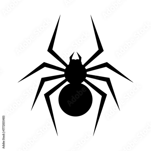 Black spider silhouette isolated on white background, arachnid illustration.