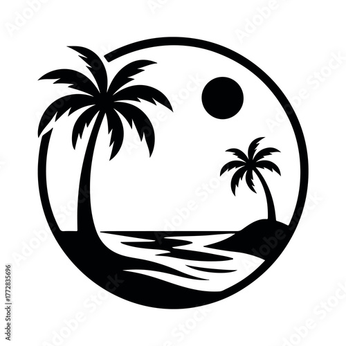 Beach vector art silhouette logo design black and white