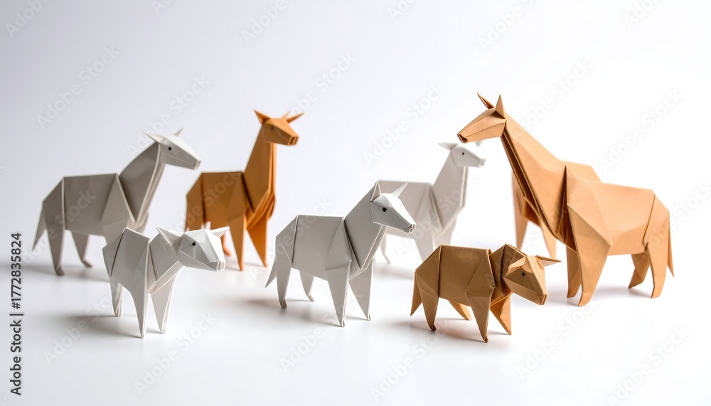 Obraz premium Colored origami animals displayed together in a creative arrangement on a white background