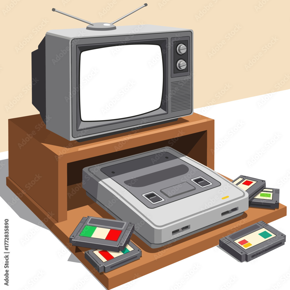 Fototapeta premium Retro Gaming Setup with Television and Super Nintendo.
