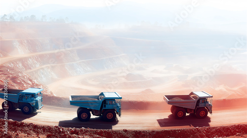 Mining trucks moving on dusty road at sunset, industrial landscape symbolizing heavy machinery, transportation and resource extraction.