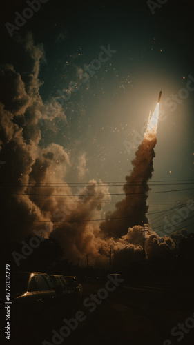 Rocket Launch With Powerful Trail of Smoke and Fire Under Clear Sky
