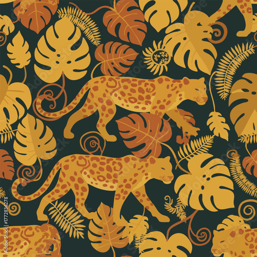 Jungle cat pattern with leaves and tropical foliage, a seamless repeating design with two leopards on a dark background