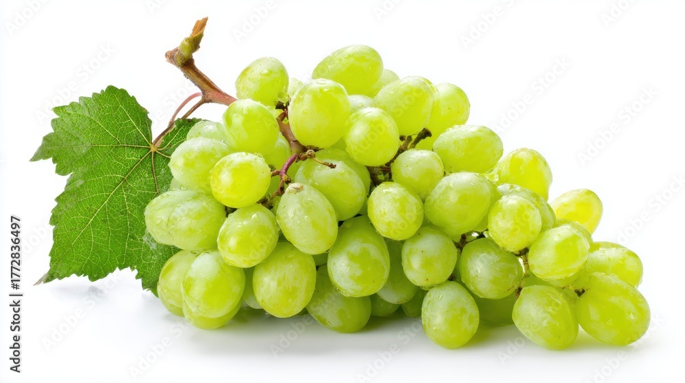 Obraz premium A bunch of plump green grapes hangs from a vine, showcasing their fresh and juicy appearance. The bright green color and leaves indicate a summer harvest.