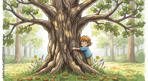 Child hugging old oak tree in forest clearing 